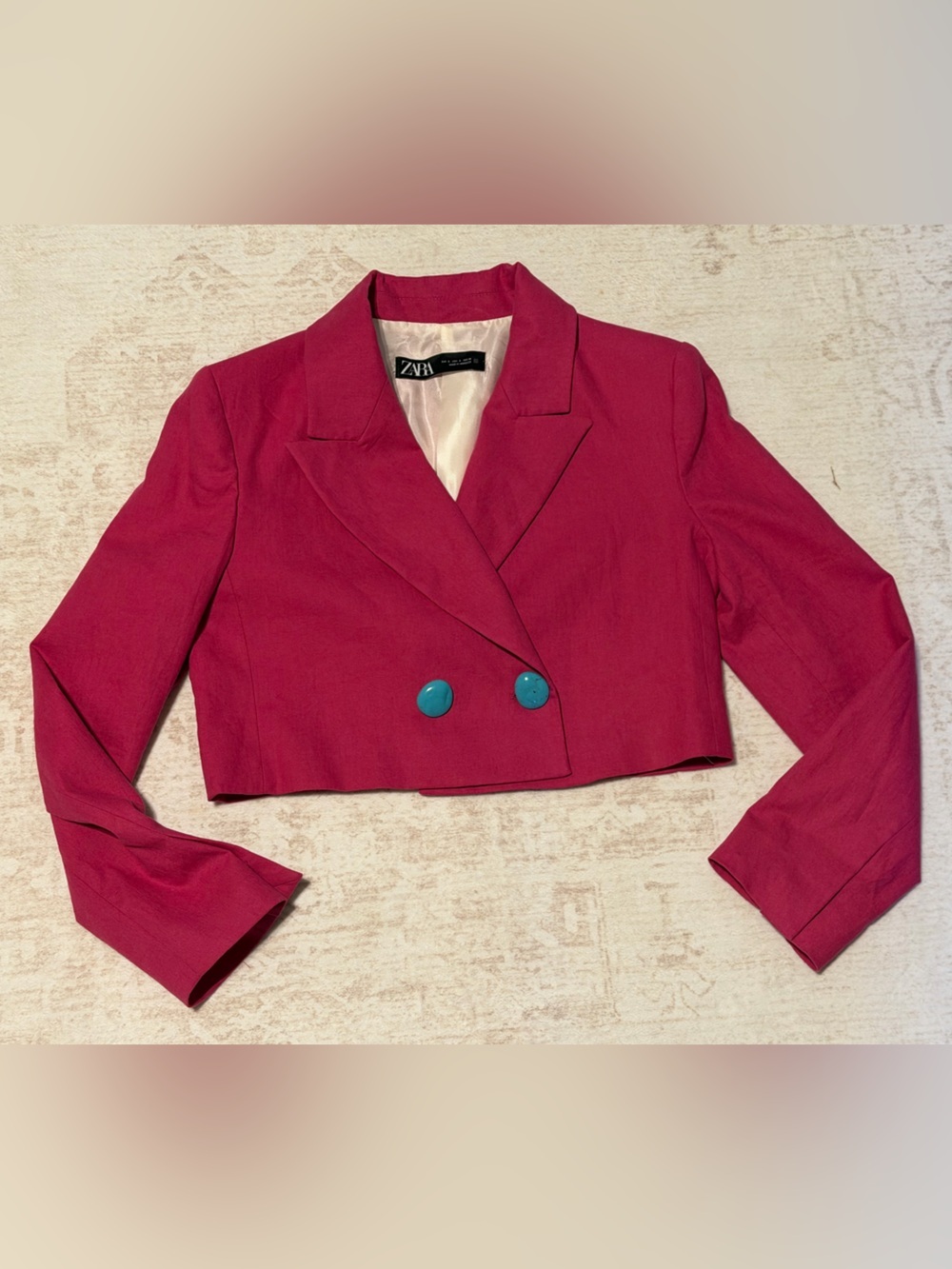 Zara Hot Pink Cropped Blazer with Turquoise Buttons